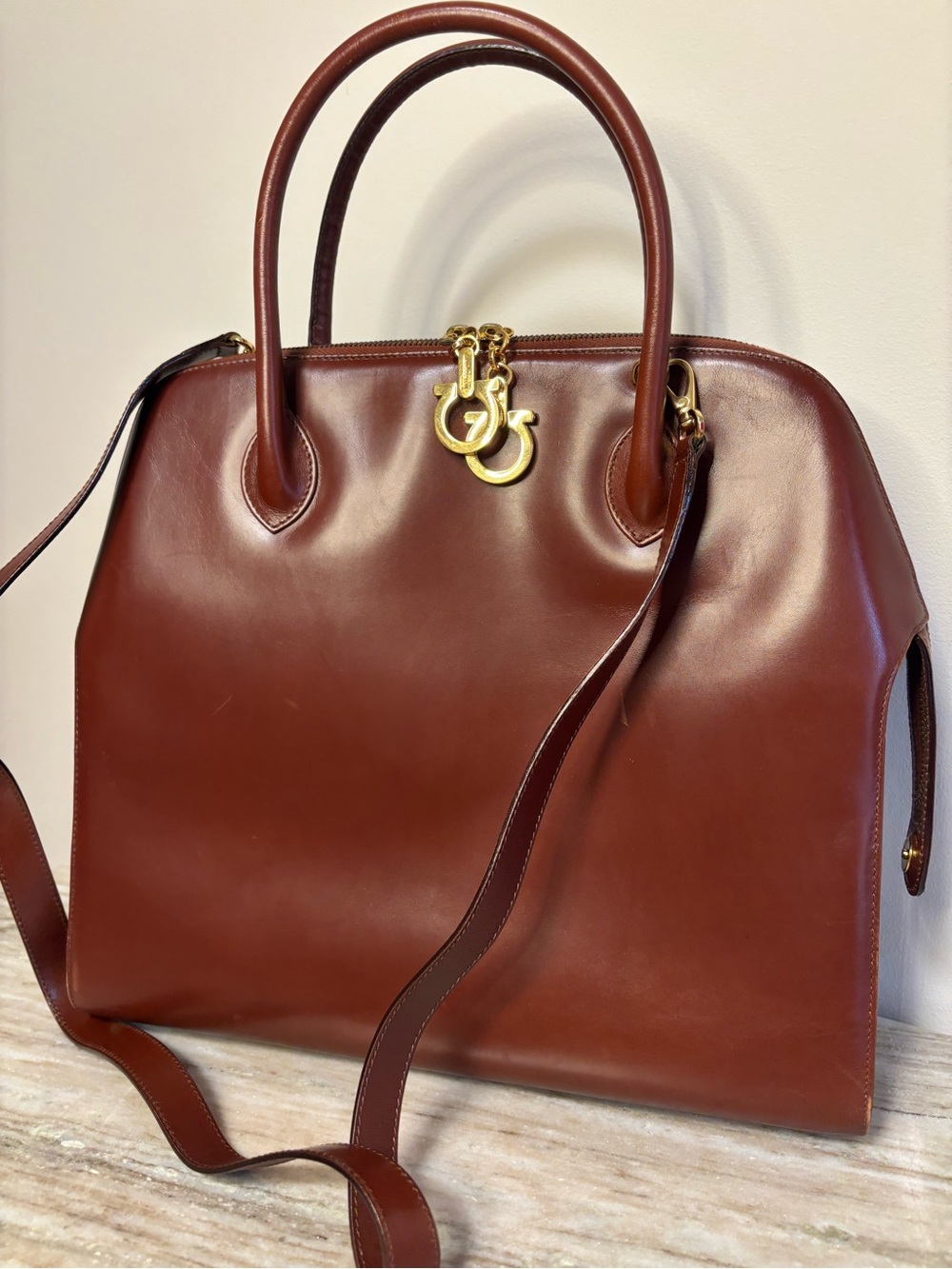 Vintage Salvatore Ferragamo Brown Leather Gancini Dome Satchel Crossbody Bag - Picture 1 of 15